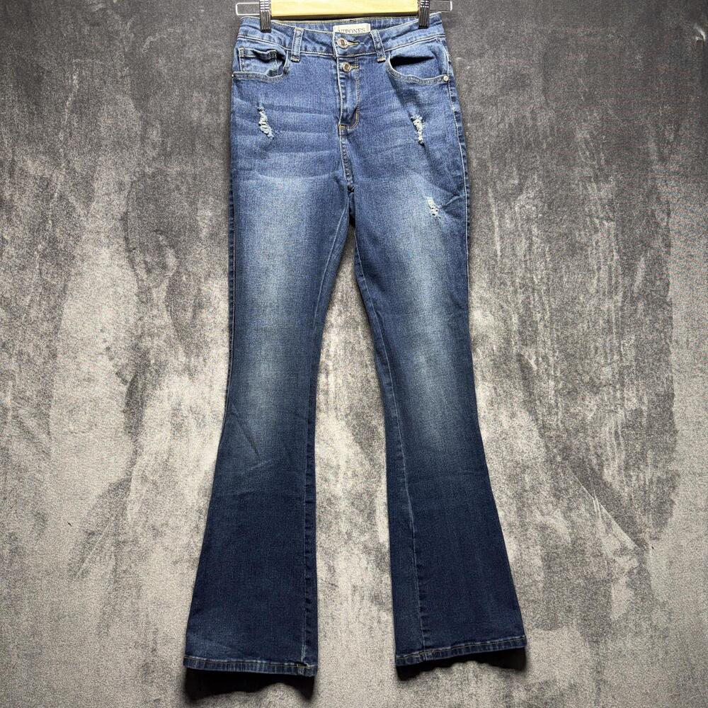 VIPONES Jeans Womens 0 Blue High Rise Flare Distressed Stretch Denim Pants